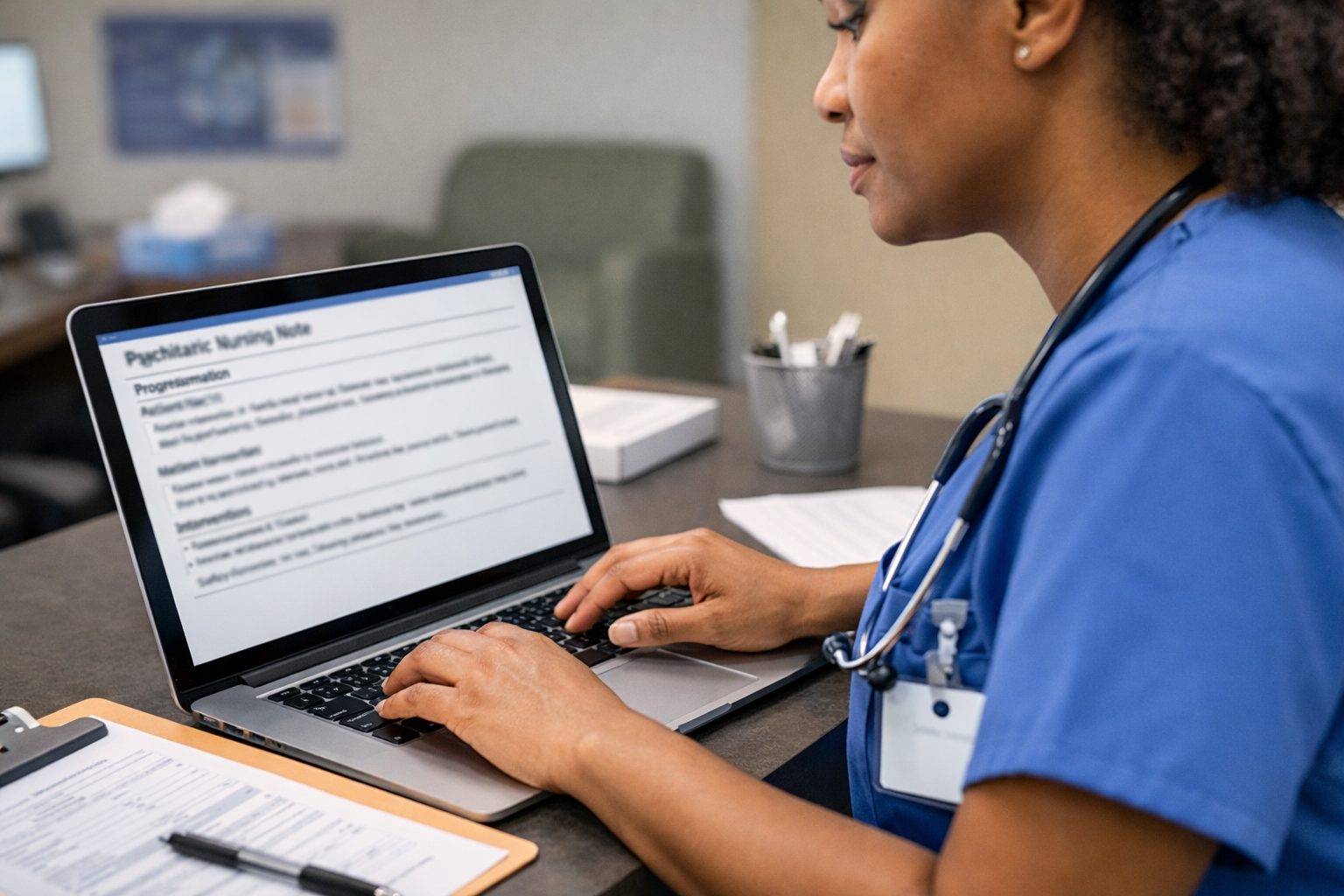 Psychiatric nurse writing psychiatric nursing notes on a laptop during a mental health patient encounter