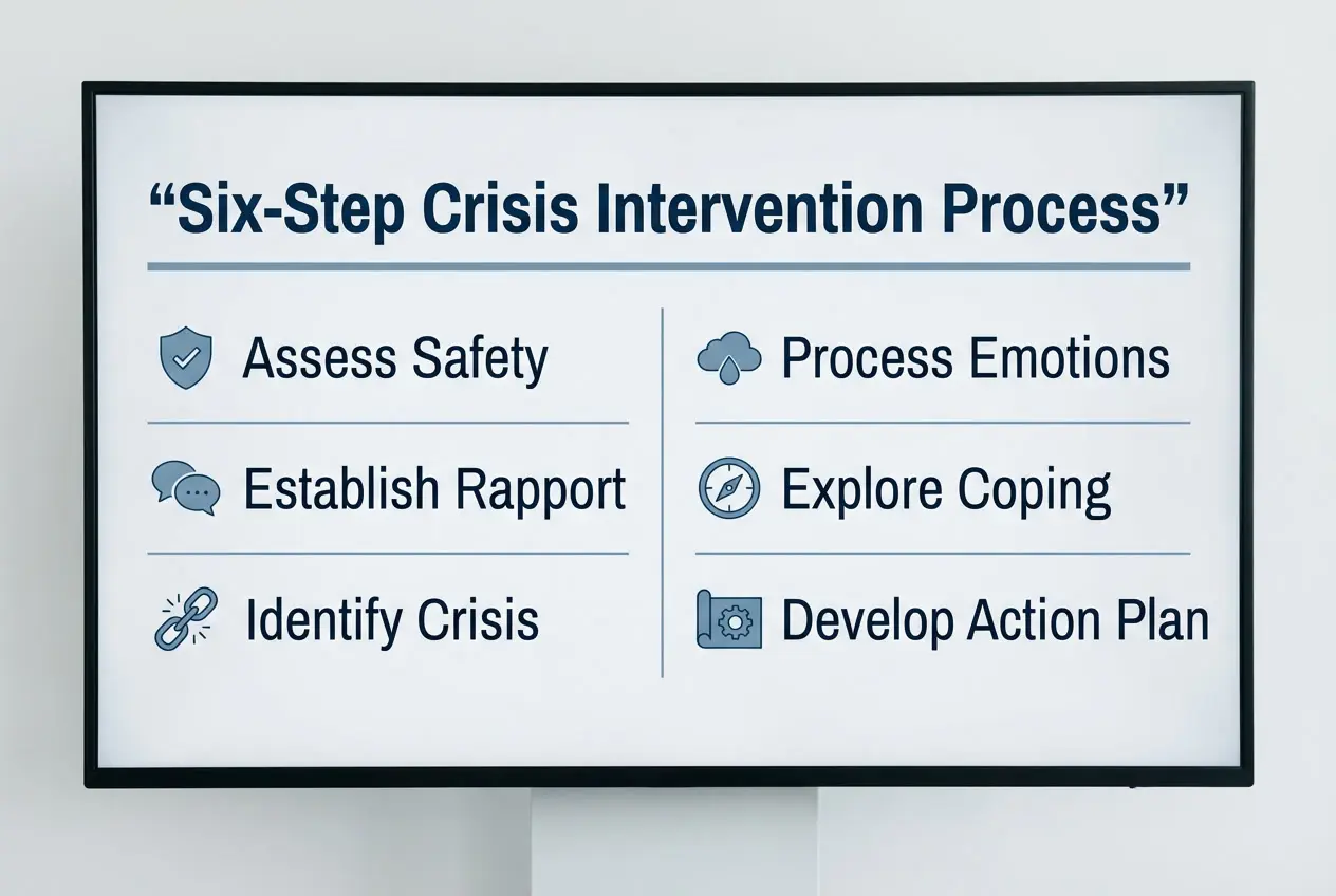 ix-step crisis intervention process showing key clinical steps for mental health clinicians