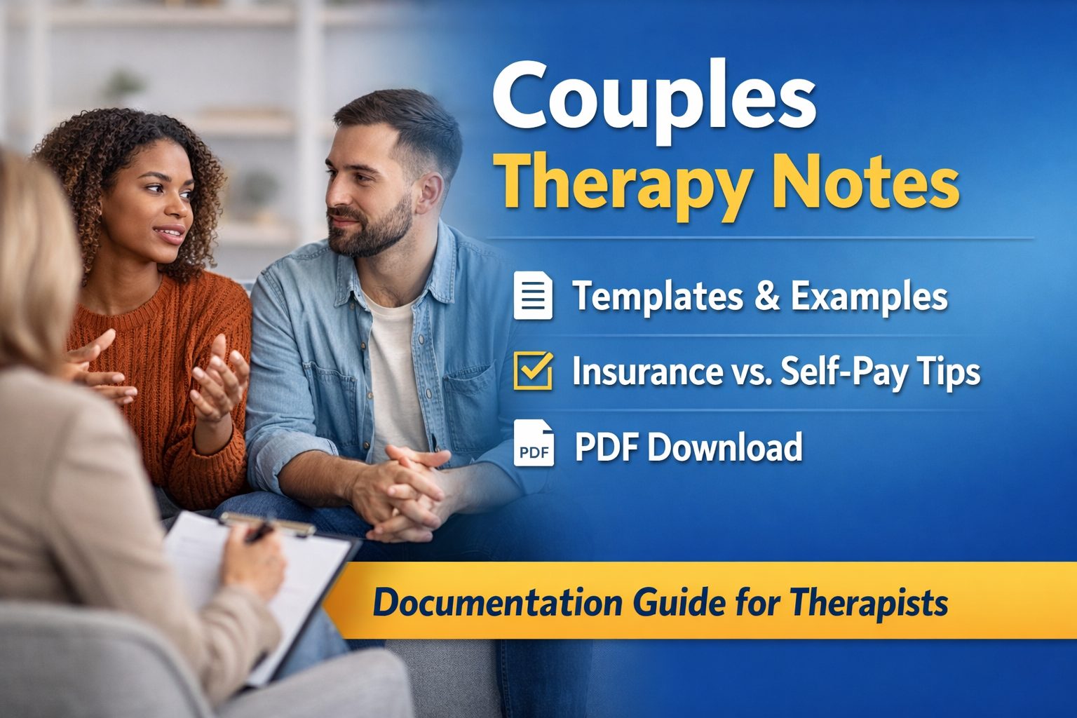 Therapist meeting with a diverse couple during a couples therapy session, illustrating couples therapy notes and progress note documentation
