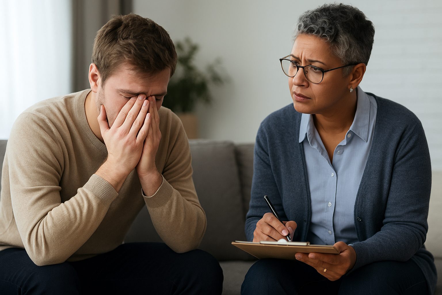 Behavioral health clinician talking with a patient in crisis during a suicide risk assessment session
