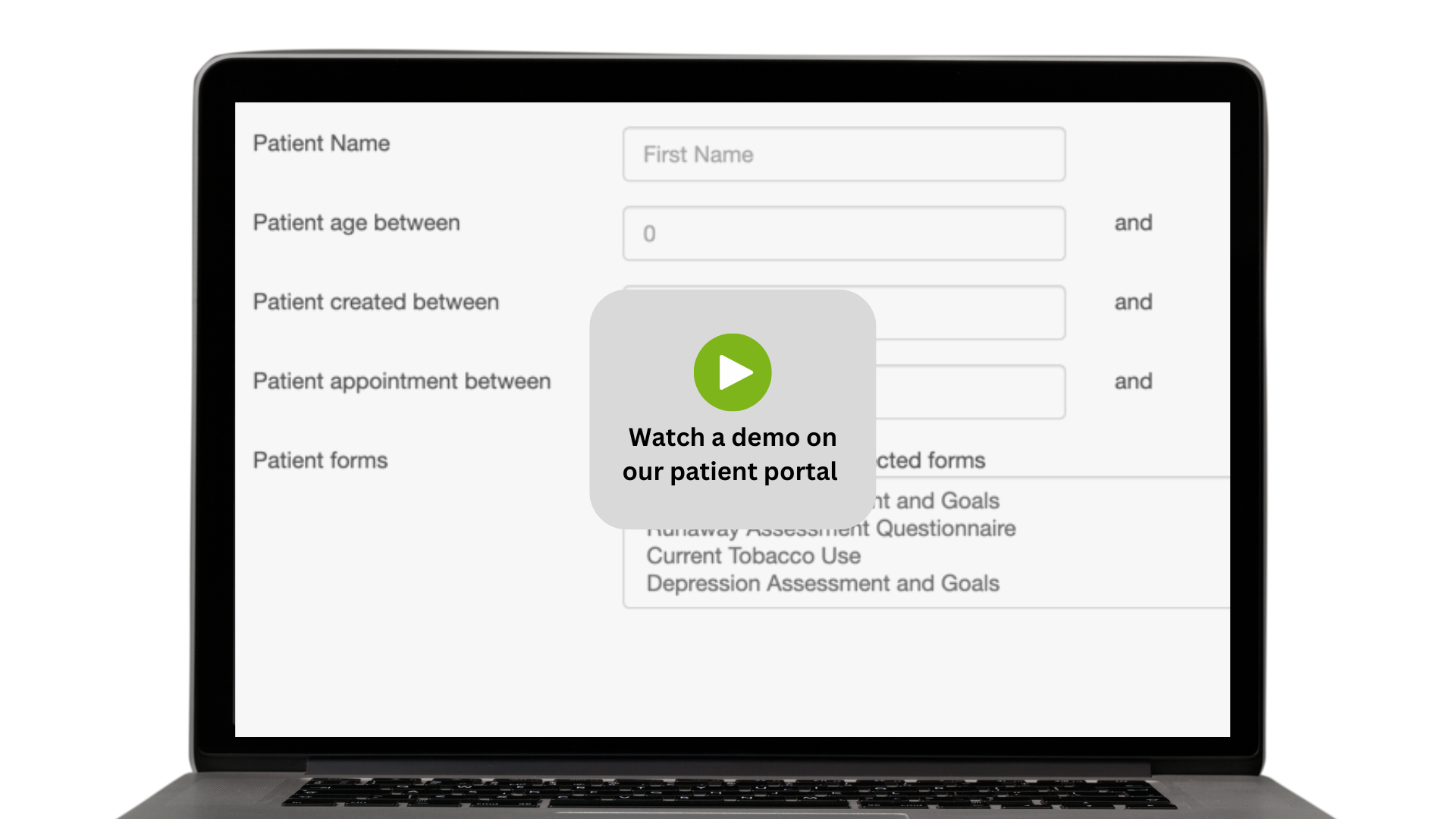 laptop screen showing a demo of the ICANotes mental health EHR patient portal