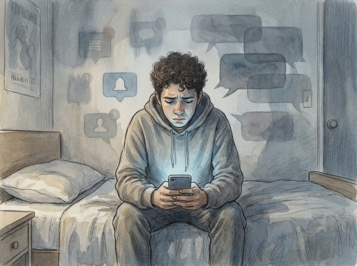 Illustration showing a distressed child sitting alone on a bed looking at a phone, representing the emotional effects of cyberbullying on children and teens.