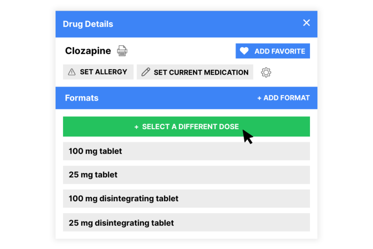 A close up screenshot of the eprescribing screen in the ICANotes psychiatric EHR system.