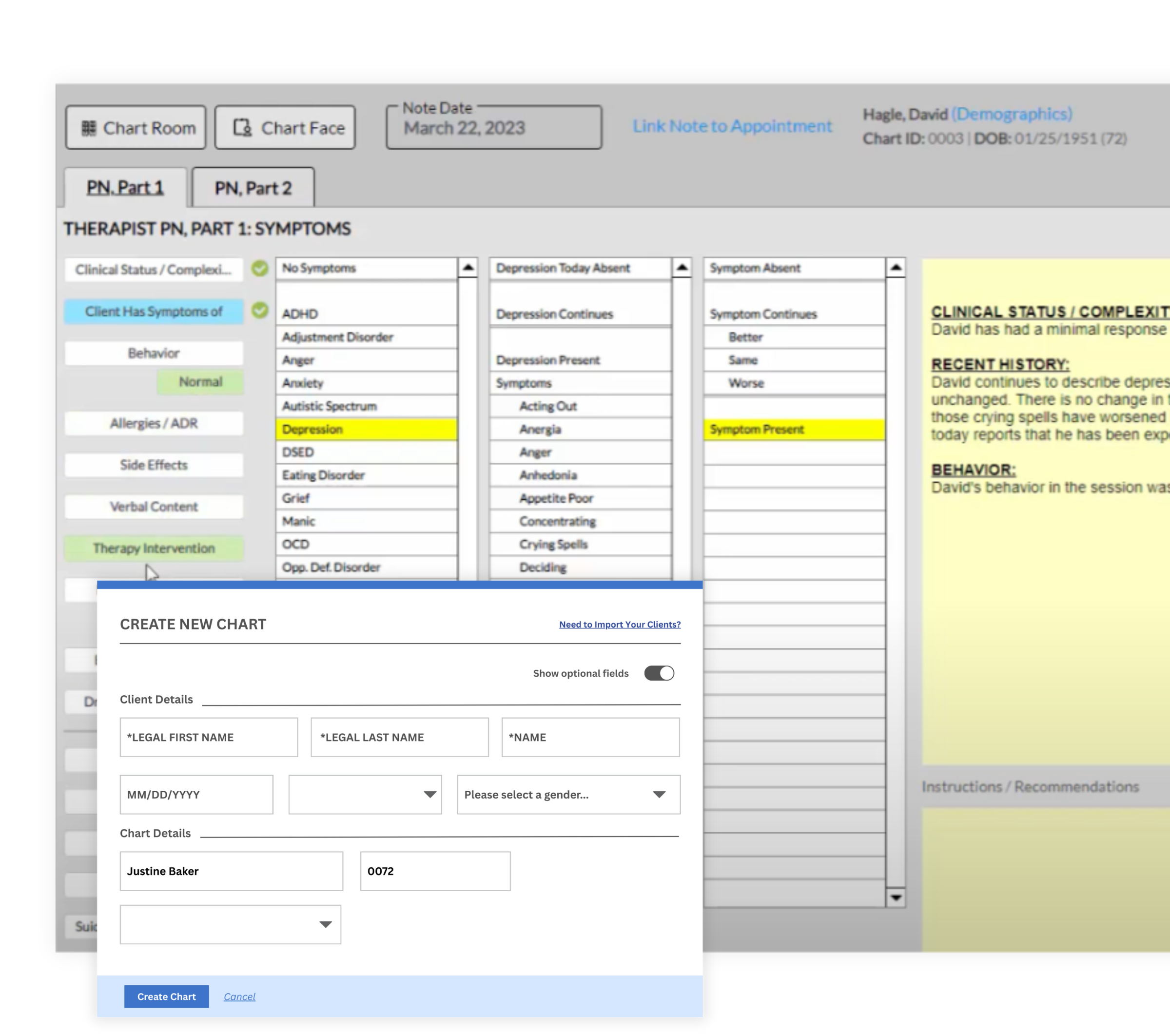 Therapy note template user interface featuring menu-driven clinical content