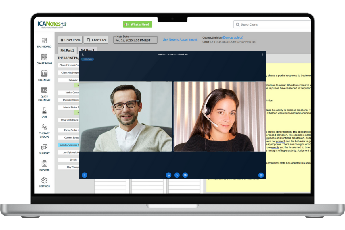 Visualization of a virtual telehealth session in the ICANotes mental health EHR