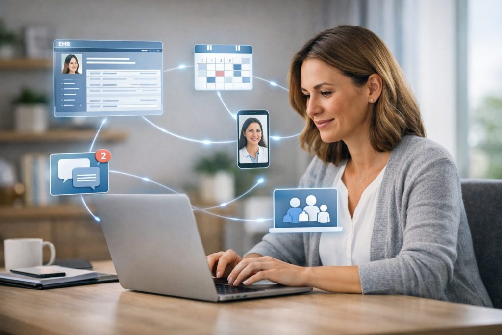 Behavioral health clinician using an EHR with connected systems illustrating a modern FHIR-based clinical workflow