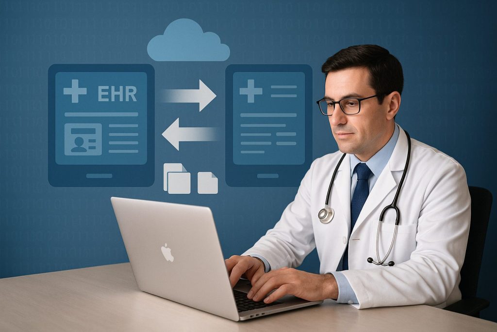 Male healthcare provider using a laptop with digital EHR data migration graphics showing records transferring between systems.