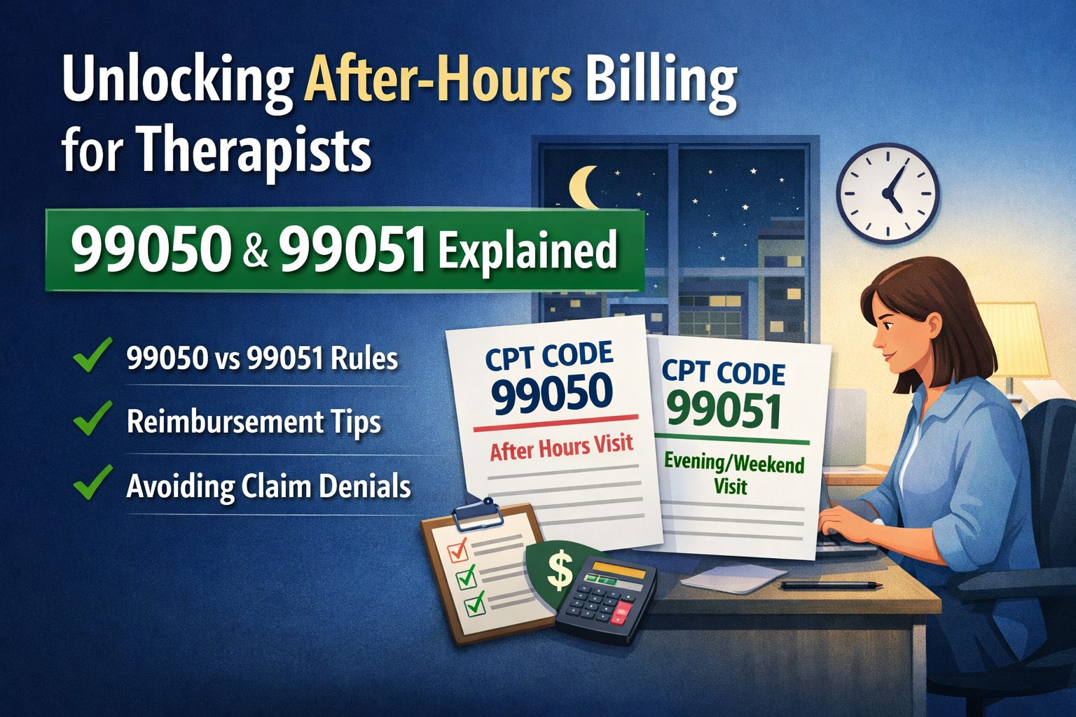 Illustration explaining 99050 and 99051 CPT codes for behavioral health after-hours billing, showing a therapist working in the evening and comparing after-hours visit rules