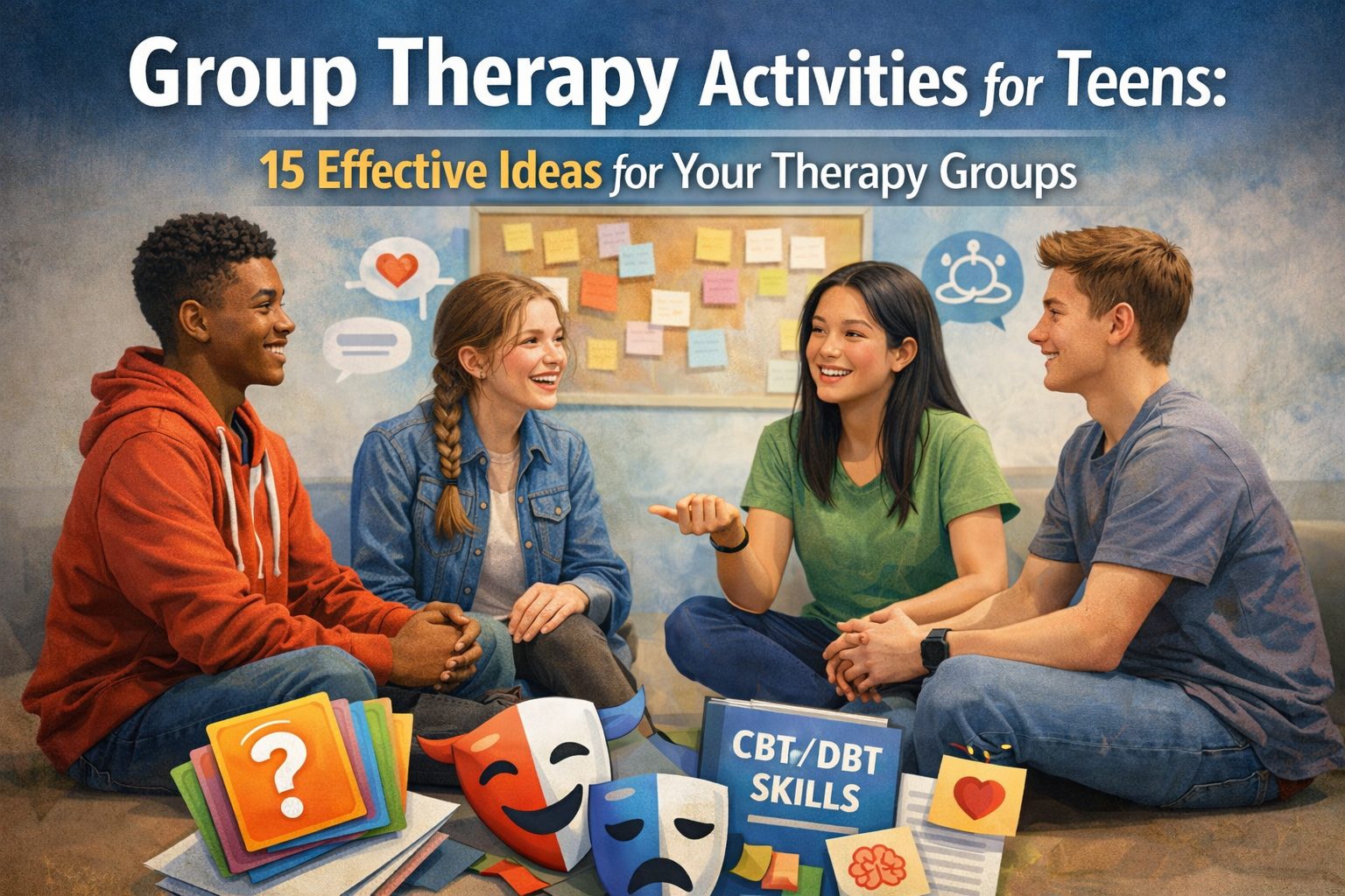 Group therapy activities for teens in a counseling session focused on communication and emotional skills