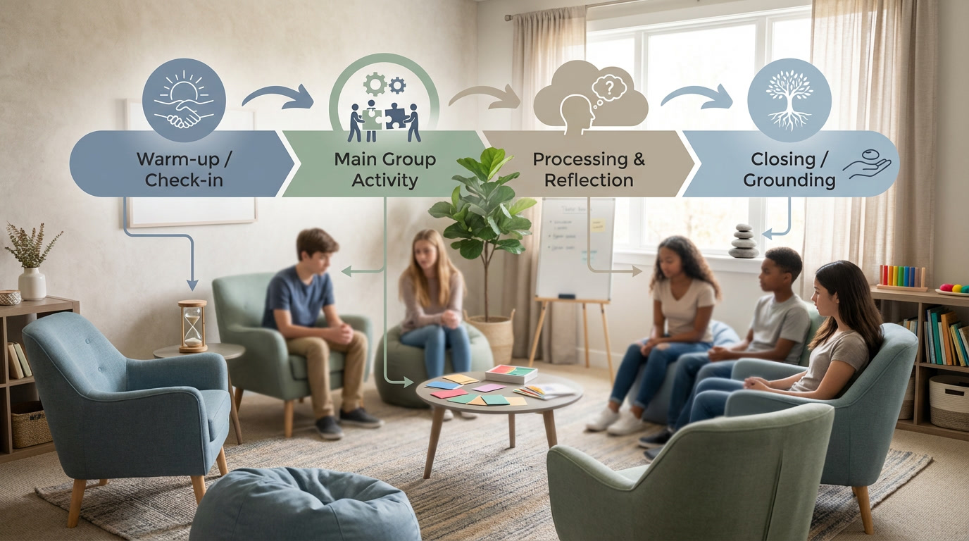 Group therapy activities for teens showing a structured session flow including warm-up, main activity, processing, and grounding