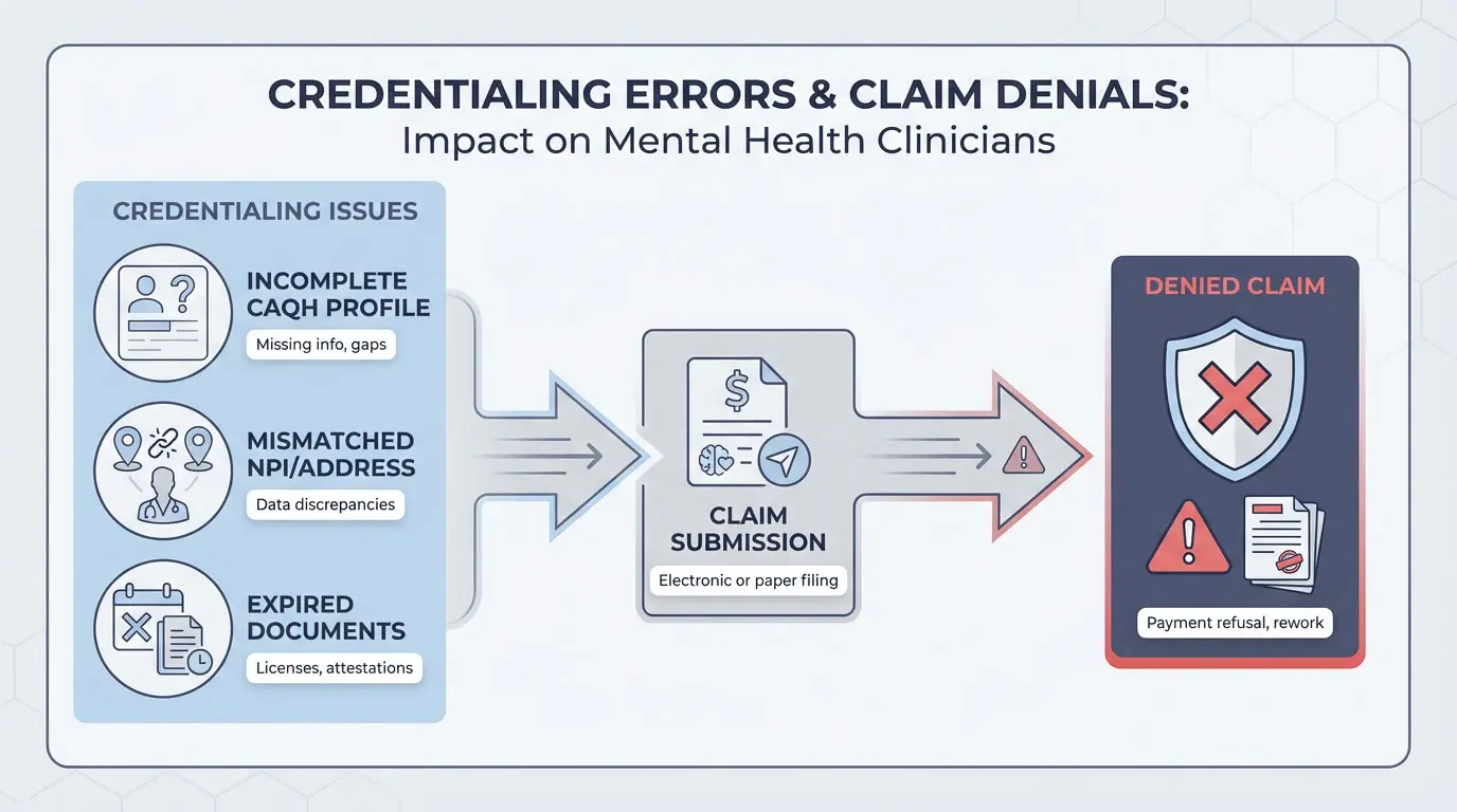 Infographic showing how insurance credentialing errors like incomplete CAQH profiles and mismatched NPIs lead to denied claims for mental health clinicians